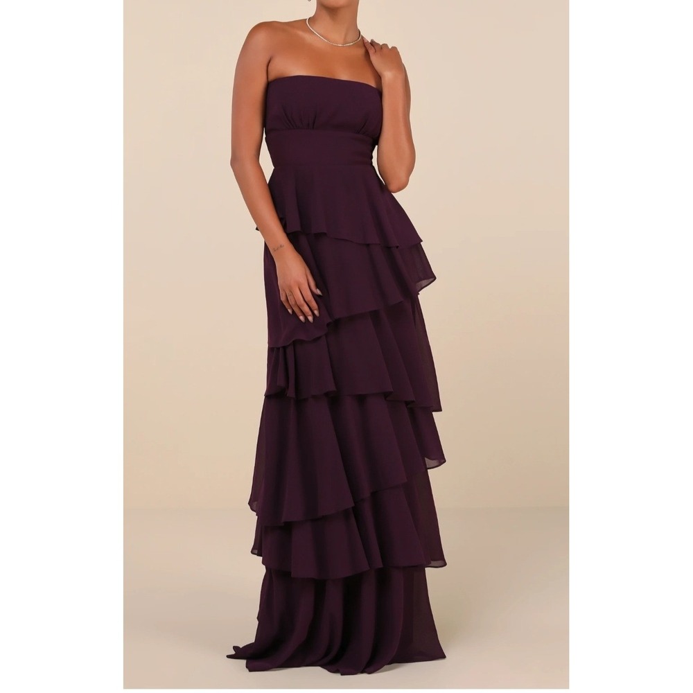 Lulus Plum Purple Strapless Ruffle Tiered Maxi Dress Womens Size Medium NEW